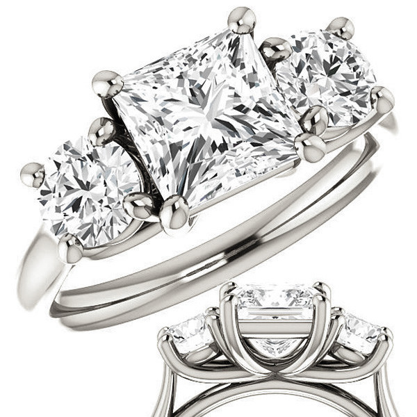 famous 2 Ct Forever Princess Cut One Moissanite 3 Stone Engagement Ring
