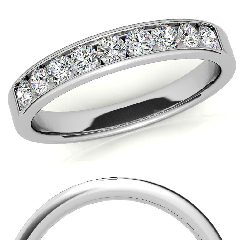 Kimberley Round Center Stone 6 Prong Thick Band Diamond Channel Setting Ring 14K White Gold