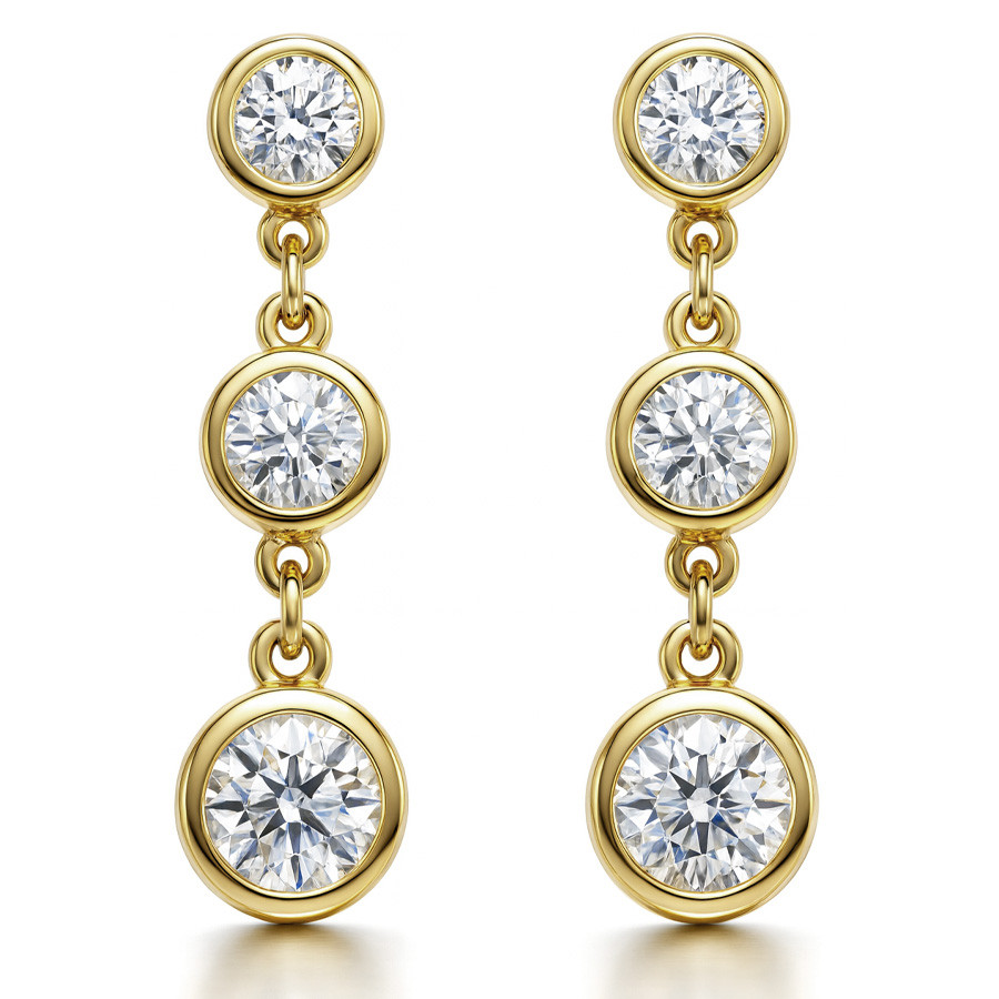 Round Moissanite Bezel Three Stone Earrings (4.5, 4, 3.5mm) 14k