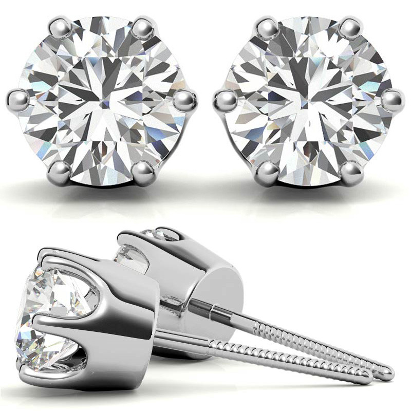 Crown 6-Prong Round Moissanite Stud Earrings - ear069 - MoissaniteCo.com