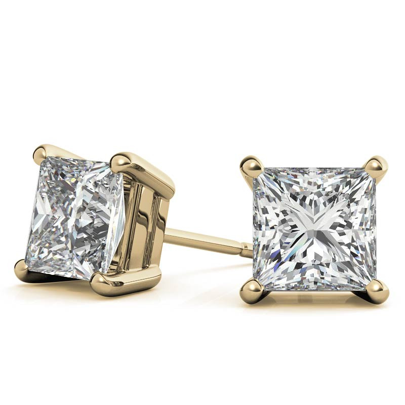 Wellingsale 14K Yellow Gold Polished 6mm Princess Solitaire Basket Style Prong Set Stud Earrings With Silicone Back