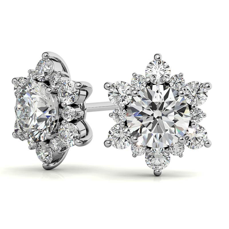 Round Moissanite Floral Halo Stud Earrings in 14K White Gold