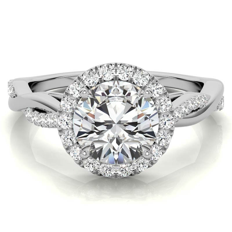 Round Brilliant Moissanite Twisted Cathedral Halo Engagement Ring ...