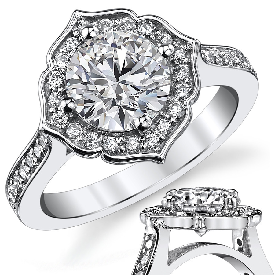 Round Brilliant Moissanite Engagement Ring with Floral Style Halo ...
