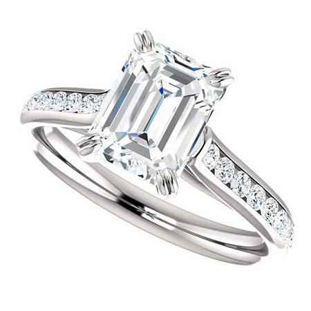 Double Prong Channel Emerald & Round Moissanite Engagement Ring ...