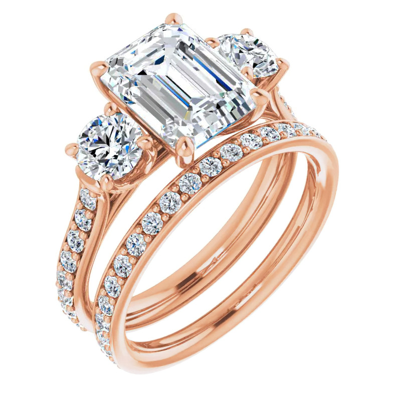 Emerald & Round Three-Stone Style Moissanite Engagement Ring - eng1056 ...