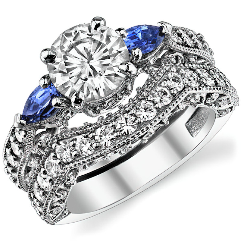 Round & Pear Sapphire Antique Moissanite Engagement Ring - eng891a ...