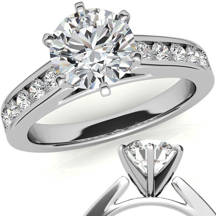 Round Halo Cathedral Engagement Ring with Chanel Set Diamonds