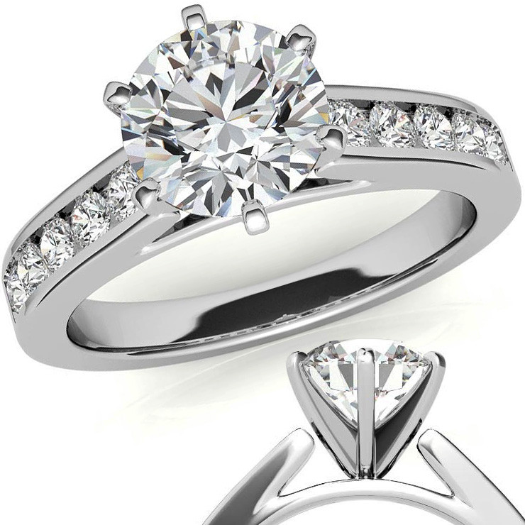 Kimberley Round Center Stone 6 Prong Thick Band Diamond Channel Setting Ring 14K White Gold