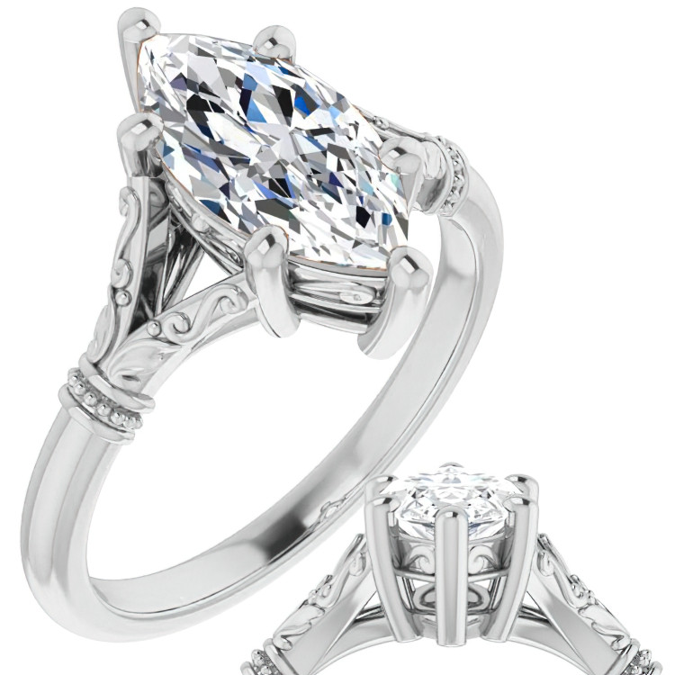 Vintage Ridge Shank Diamond Engagement Ring With Marquise Cut Diamond -  GOODSTONE