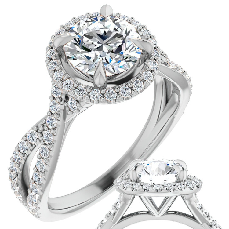 Halo Cathedral Split Shank Round Diamond Engagement Ring 14k White Gold  0.6ctw