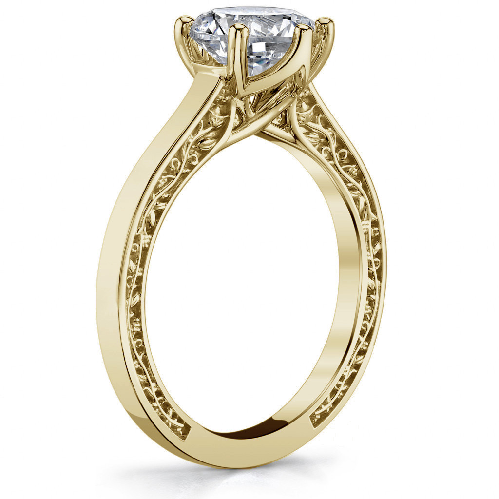 Six-Prong Trellis Solitaire Ring with Plain Shank & Vine Design ...