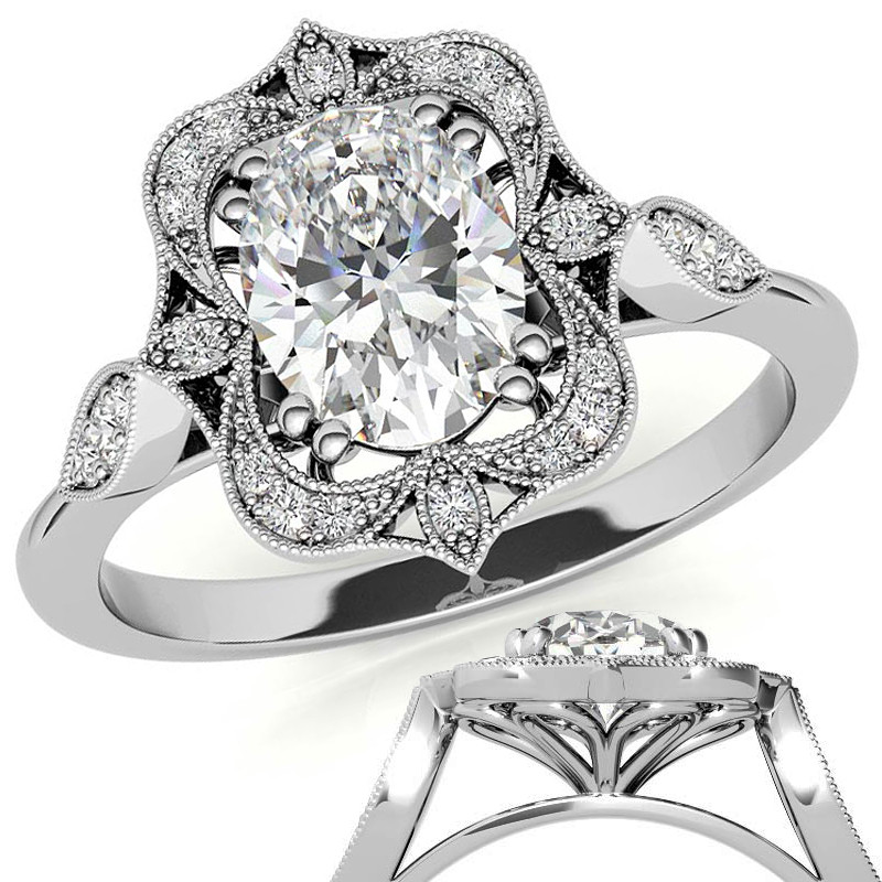 Milgrain Halo Engagement Ring In White Gold | Vintage Style