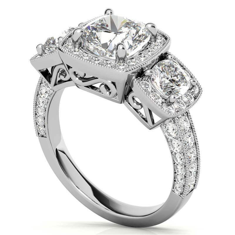 Cushion Moissanite 3-Stone Halo Engagement Ring w/ Milgrain Accent ...
