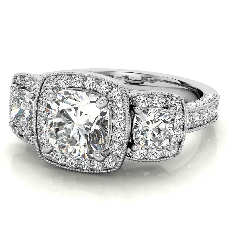 Cushion Moissanite 3-Stone Halo Engagement Ring w/ Milgrain Accent ...