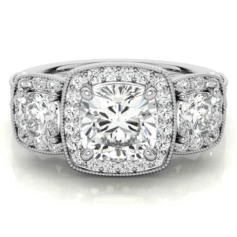 Cushion Moissanite 3-Stone Halo Engagement Ring w/ Milgrain Accent ...