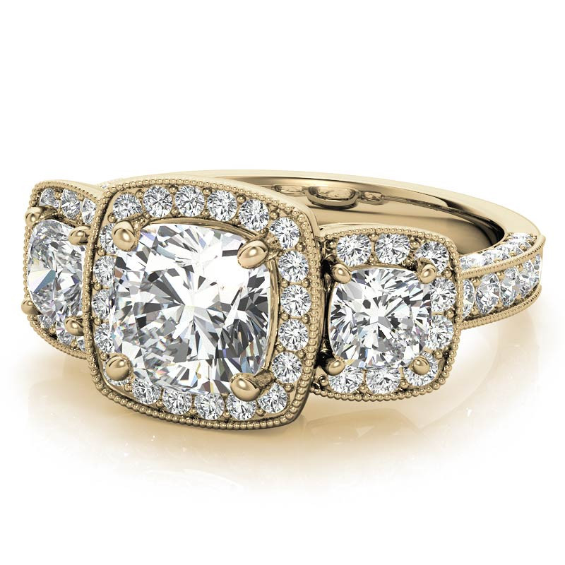 Cushion Moissanite 3-Stone Halo Engagement Ring w/ Milgrain Accent ...