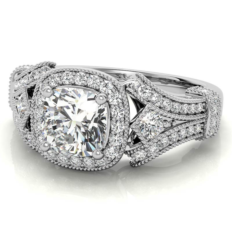 Antique Halo Cushion Moissanite Engagement Ring w/ Milgrain Acce ...