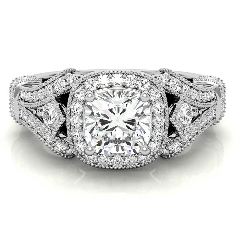 Antique Halo Cushion Moissanite Engagement Ring w/ Milgrain Acce ...