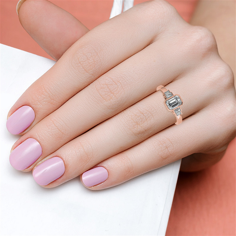 Emerald / Radiant and Baguette Bezel Moissanite Engagement Ring ...