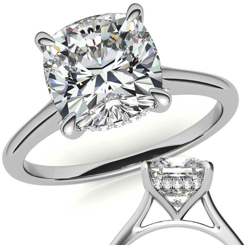 Cushion Cut Hidden Halo Moissanite Engagement Ring, Handmade Design 14K ...