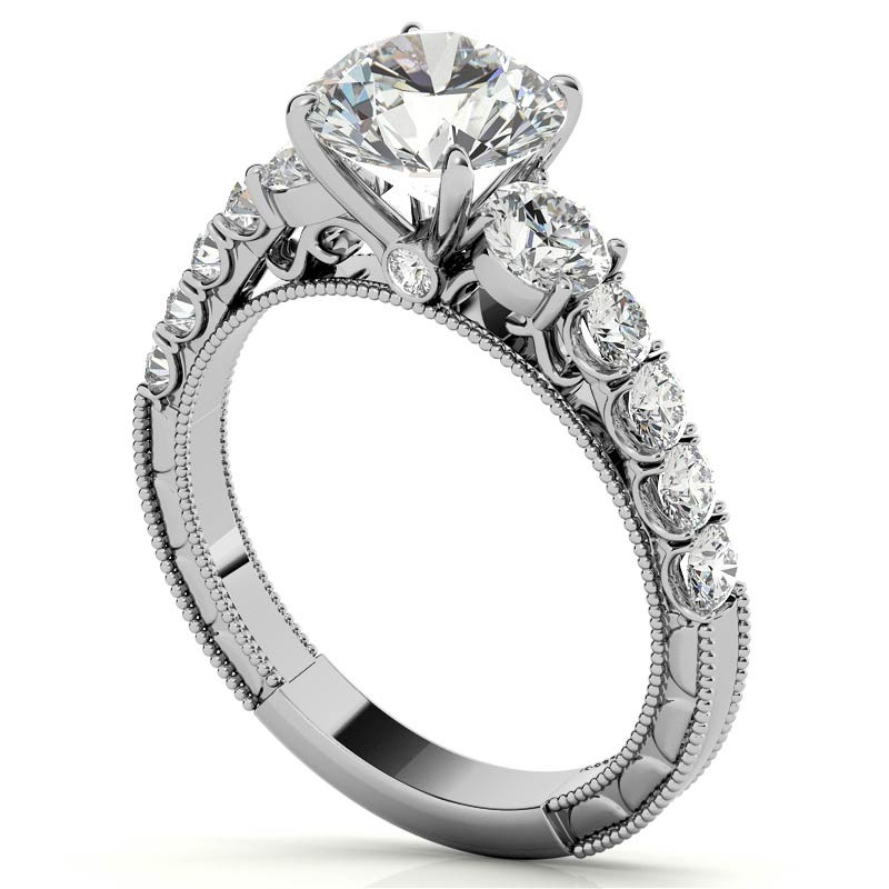 Round Brilliant Moissanite Scroll Accented Engagement Ring with ...