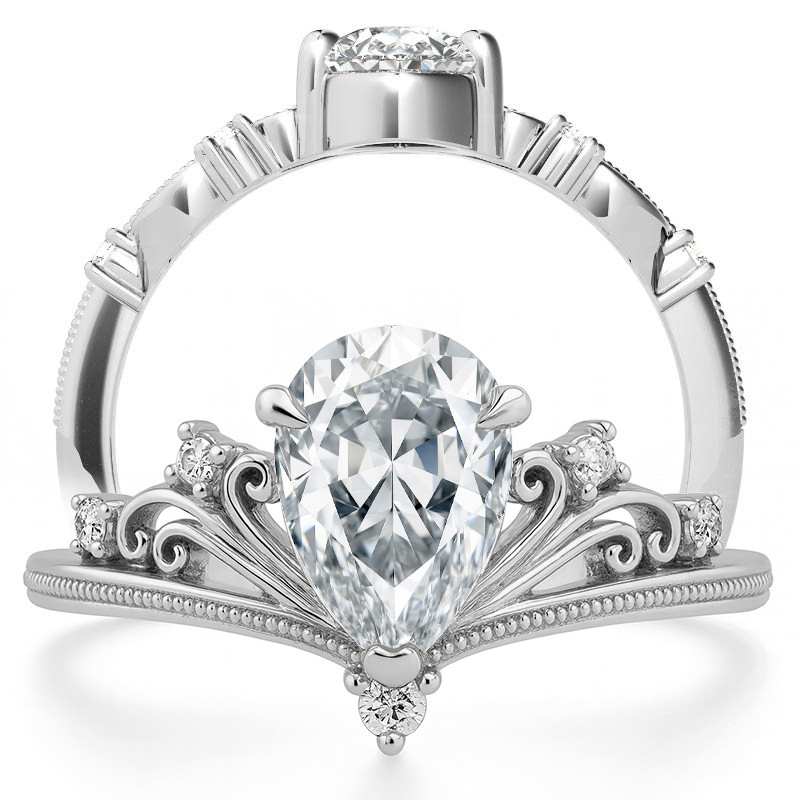 Crown Inspired Chevon Shaped Pear Moissanite Engagement Ring