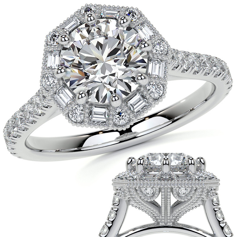 Baguette and Round Diamond Octagon Halo Moissanite Engagement Ring