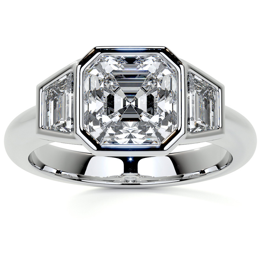 Asscher and Trapezoid Bezel Set Three-Stone Moissanite Engagement ...