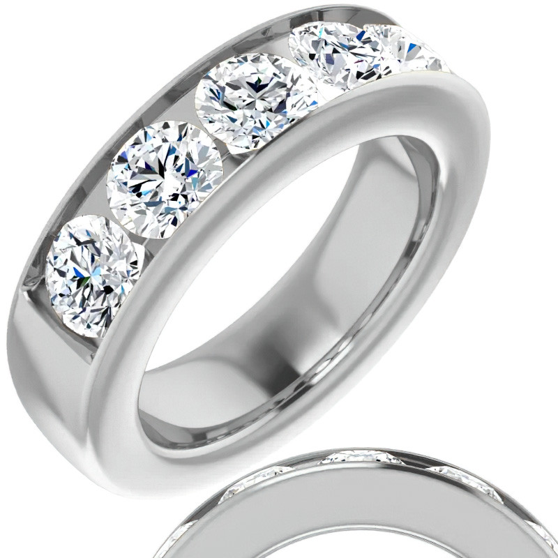 Kimberley Round Center Stone 6 Prong Thick Band Diamond Channel Setting Ring 14K White Gold