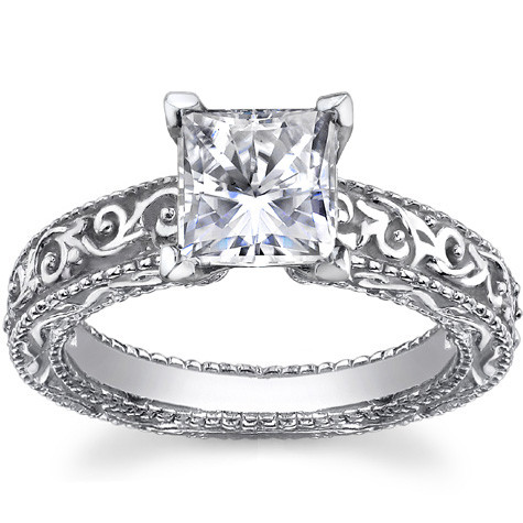 Antique Etched Moissanite Solitaire Ring - sol263 - MoissaniteCo.com