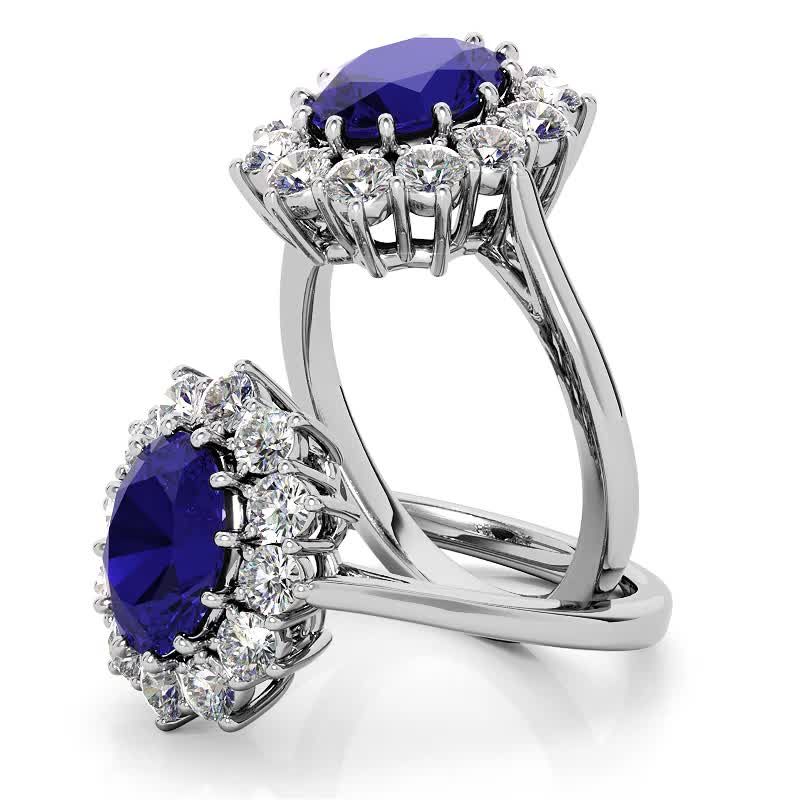 Blue Sapphire Diana Ring Diamond Halo Engagement Ring 18K White Gold